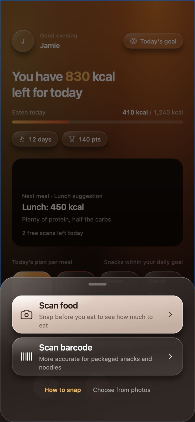 Camera button opens a choice of food scan or barcode scan