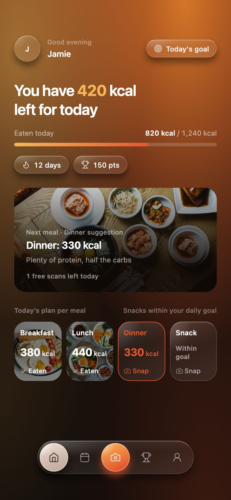 Home screen with per-meal targets