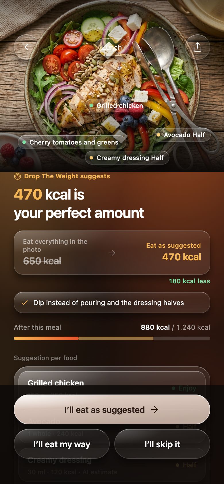 Result screen with a recommended amount for each dish