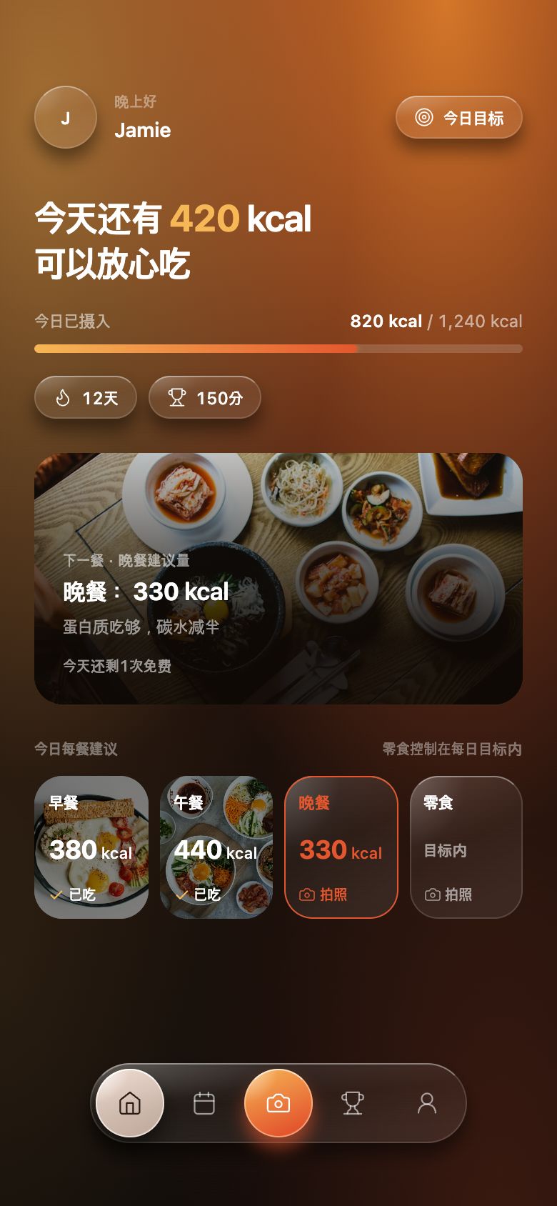 显示每餐推荐的首页